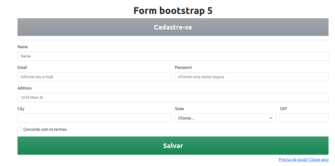 Exemplo de um formulário de cadastro coom bootstrap 5